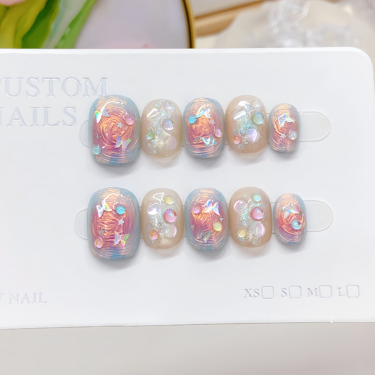 New Arrival Cat Eye Press-On Nails – 10pcs French Acrylic Set with Butterfly & Flower Design | Artificial False Nails
