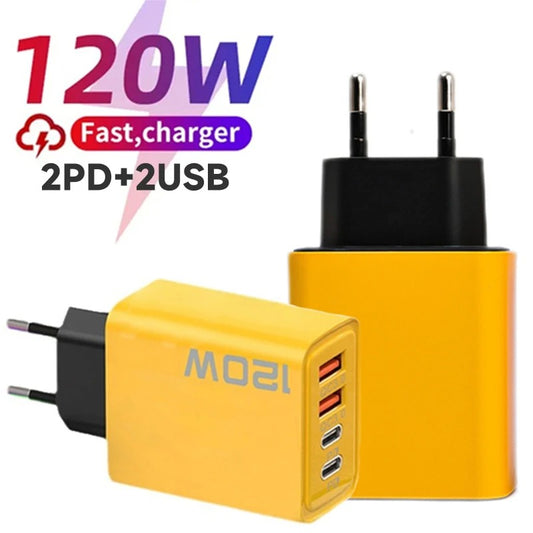 4-Port 120W Fast Charger Adapter – 2 PD USB-C + 2 USB QC 3.0 Wall Charger for iPhone, Samsung, Xiaomi | EU/US Plug
