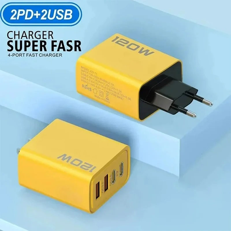 4-Port 120W Fast Charger Adapter – 2 PD USB-C + 2 USB QC 3.0 Wall Charger for iPhone, Samsung, Xiaomi | EU/US Plug