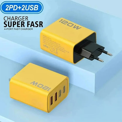 4-Port 120W Fast Charger Adapter – 2 PD USB-C + 2 USB QC 3.0 Wall Charger for iPhone, Samsung, Xiaomi | EU/US Plug
