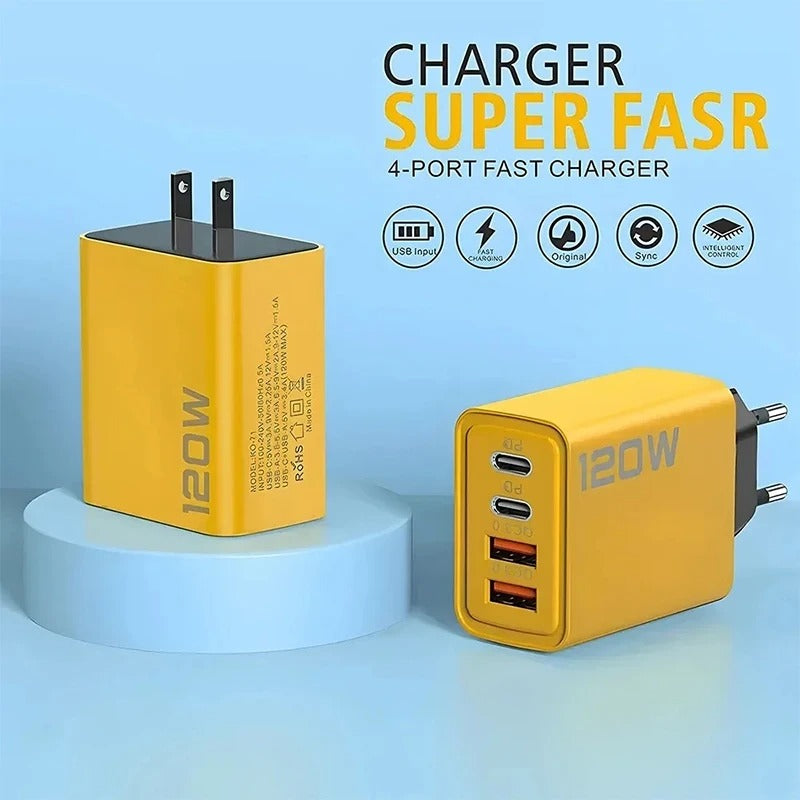 4-Port 120W Fast Charger Adapter – 2 PD USB-C + 2 USB QC 3.0 Wall Charger for iPhone, Samsung, Xiaomi | EU/US Plug
