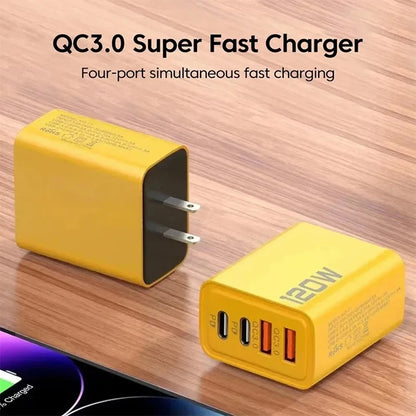 4-Port 120W Fast Charger Adapter – 2 PD USB-C + 2 USB QC 3.0 Wall Charger for iPhone, Samsung, Xiaomi | EU/US Plug