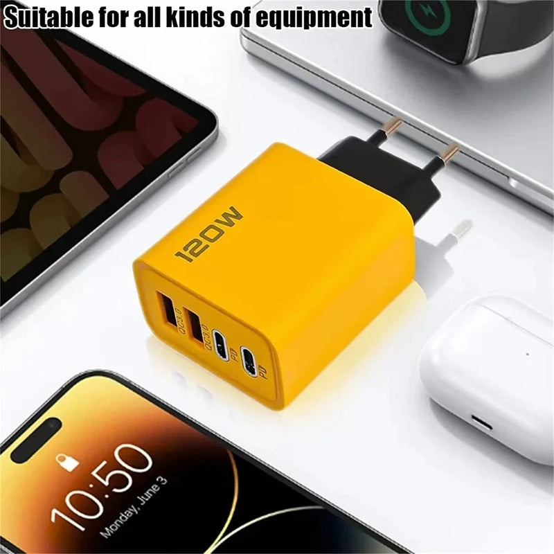 4-Port 120W Fast Charger Adapter – 2 PD USB-C + 2 USB QC 3.0 Wall Charger for iPhone, Samsung, Xiaomi | EU/US Plug