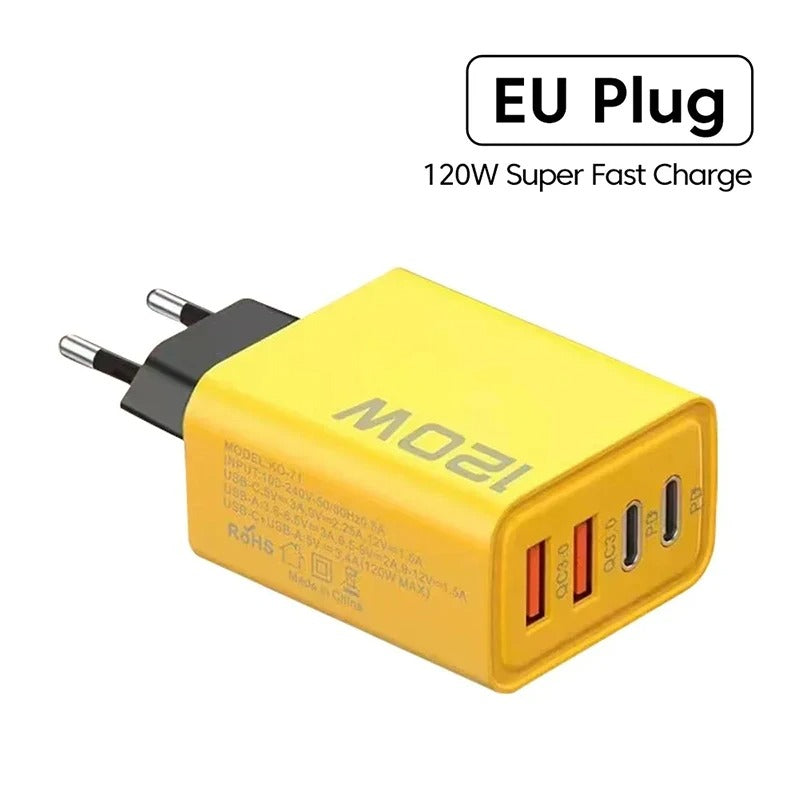 4-Port 120W Fast Charger Adapter – 2 PD USB-C + 2 USB QC 3.0 Wall Charger for iPhone, Samsung, Xiaomi | EU/US Plug