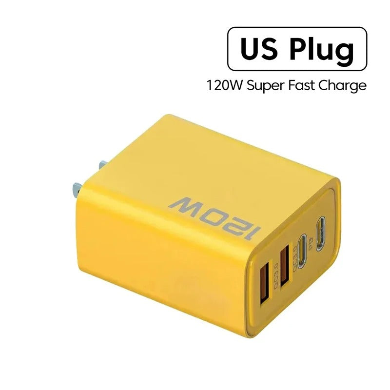 4-Port 120W Fast Charger Adapter – 2 PD USB-C + 2 USB QC 3.0 Wall Charger for iPhone, Samsung, Xiaomi | EU/US Plug